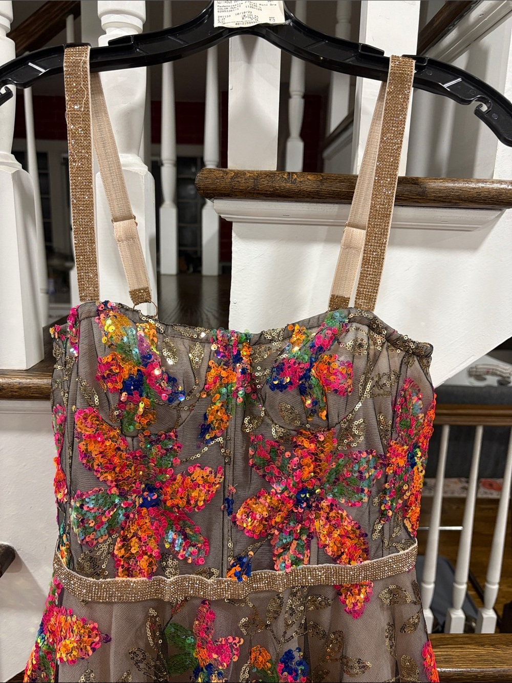 Bronx and Banco Brown Mini Dress with Multicolor Sequin Floral Embroidery - Picture 2 of 16